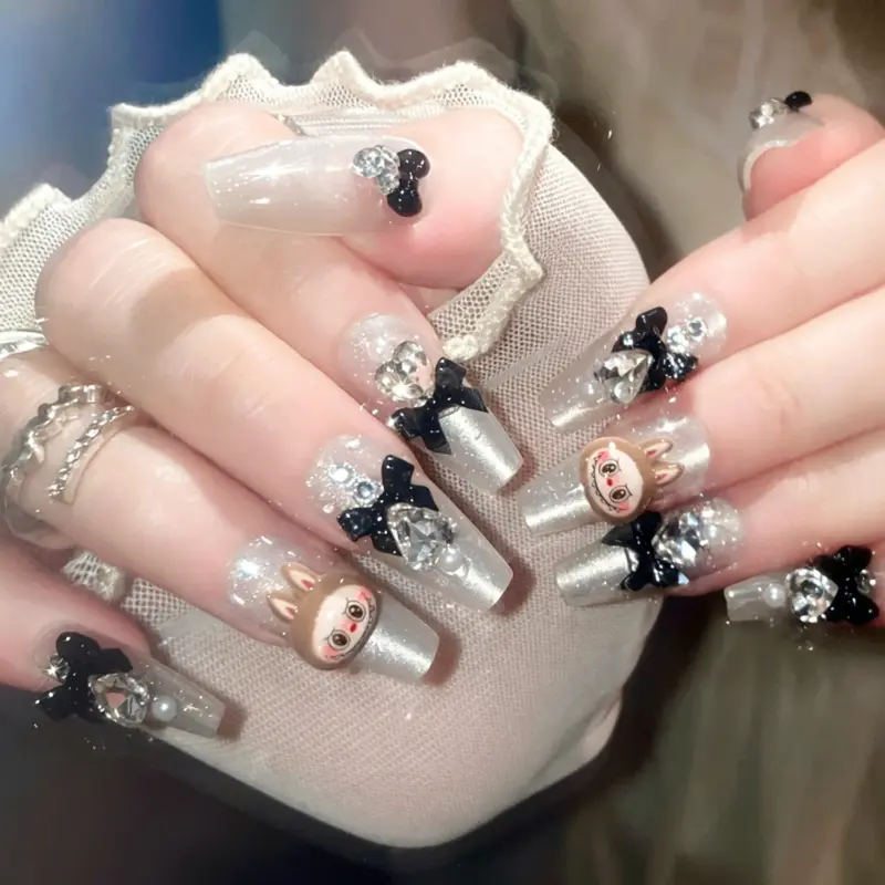 Detailed View Of Cute 3D Cartoon Bunnies On Silver Glitter Nails