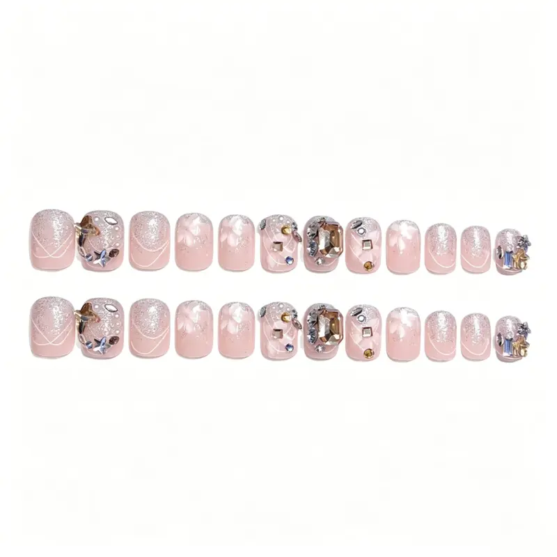 Gold Silver Rhinestone Nails Styled With Gold Jewelry