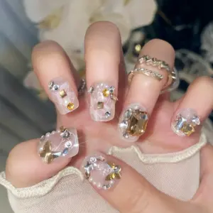 Luxurious Gold Silver Rhinestone Press On Nails With Pearls And Stars
