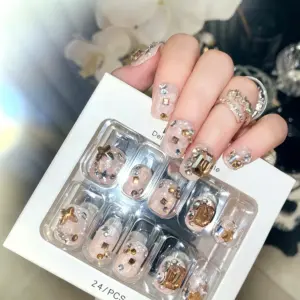 Short Square Clear Glitter Press On Nails With Gold Accents
