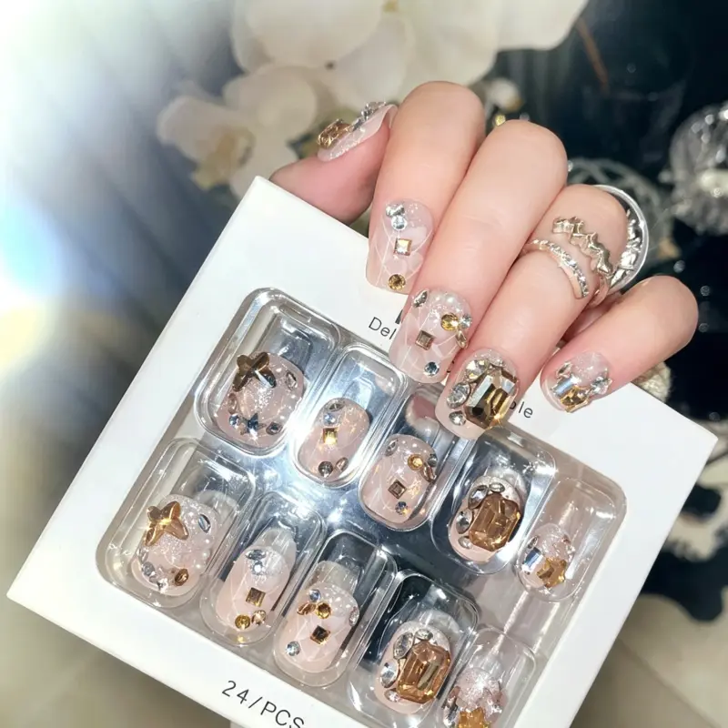 Short Square Clear Glitter Press On Nails With Gold Accents