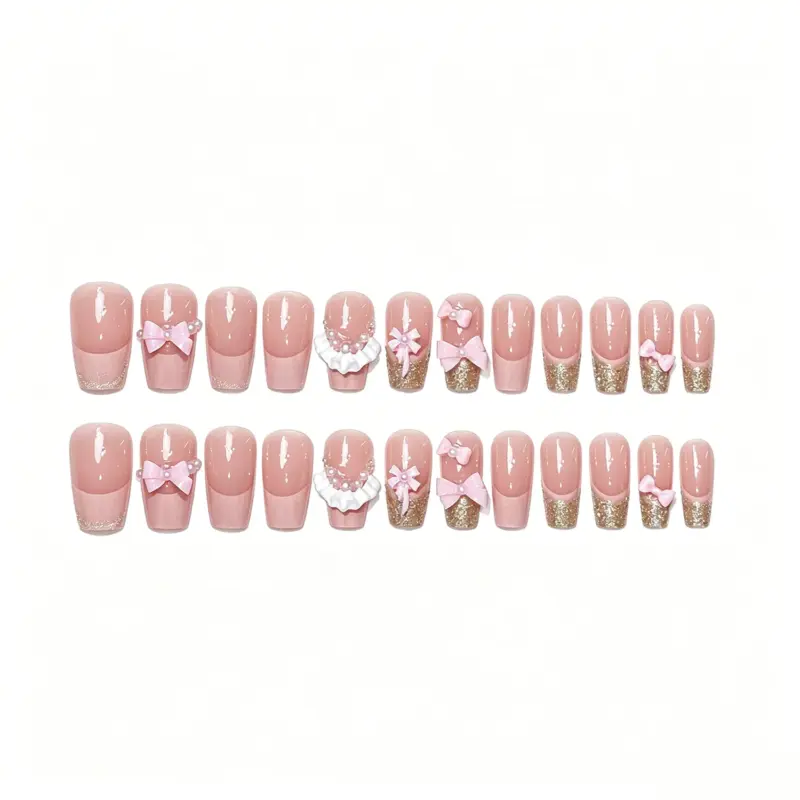 Gold Glitter French Tips On Medium Long Coffin Press On Nails