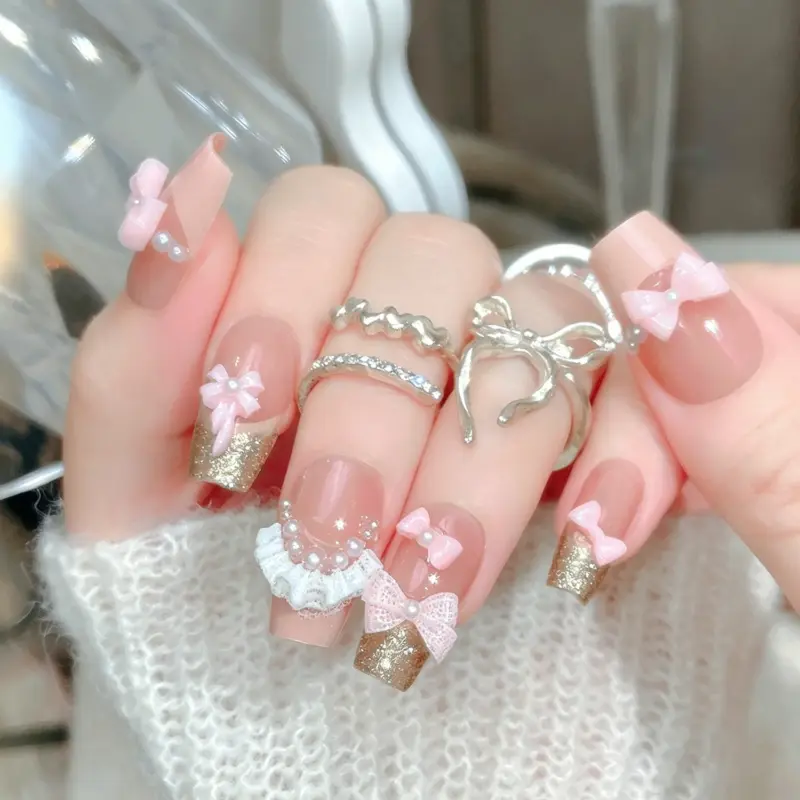 Elegant Nude Pink Press On Nails With 3D Bows Pearls And Lace