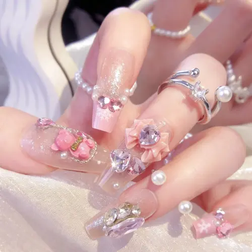 Adorable Pink Glitter Press On Nails With 3D Cartoon Bears And Hearts