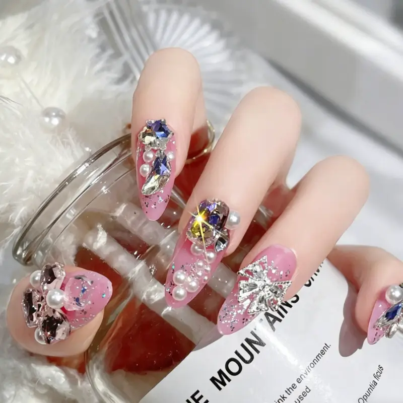 Full 24 Piece Press On Nail Set Flat Lay – Bling Rhinestone Collection