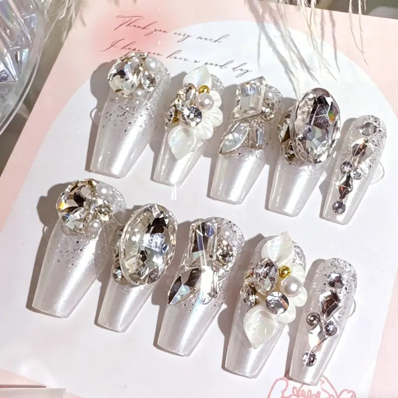 Bridal Premium Press On Nails On Hand – Large Rhinestone Look