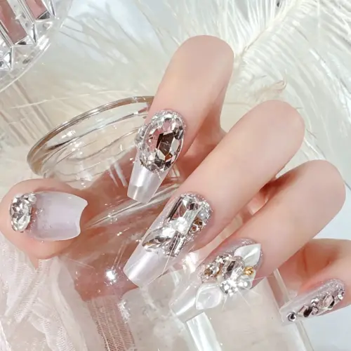 Flat Lay of Bridal Premium Large Rhinestone Press On Nail Set