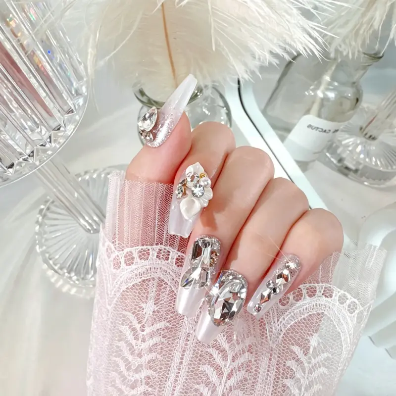 Macro Detail of Large Rhinestone on Bridal Premium Nail