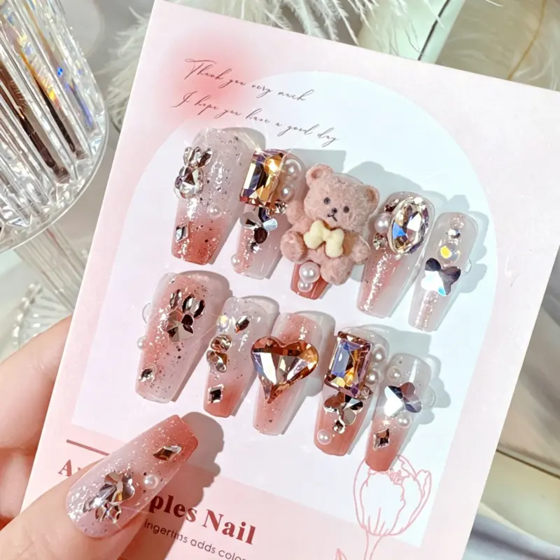 Viral Fluffy Bear Press On Nails On Hand – Cute Cartoon Full Size