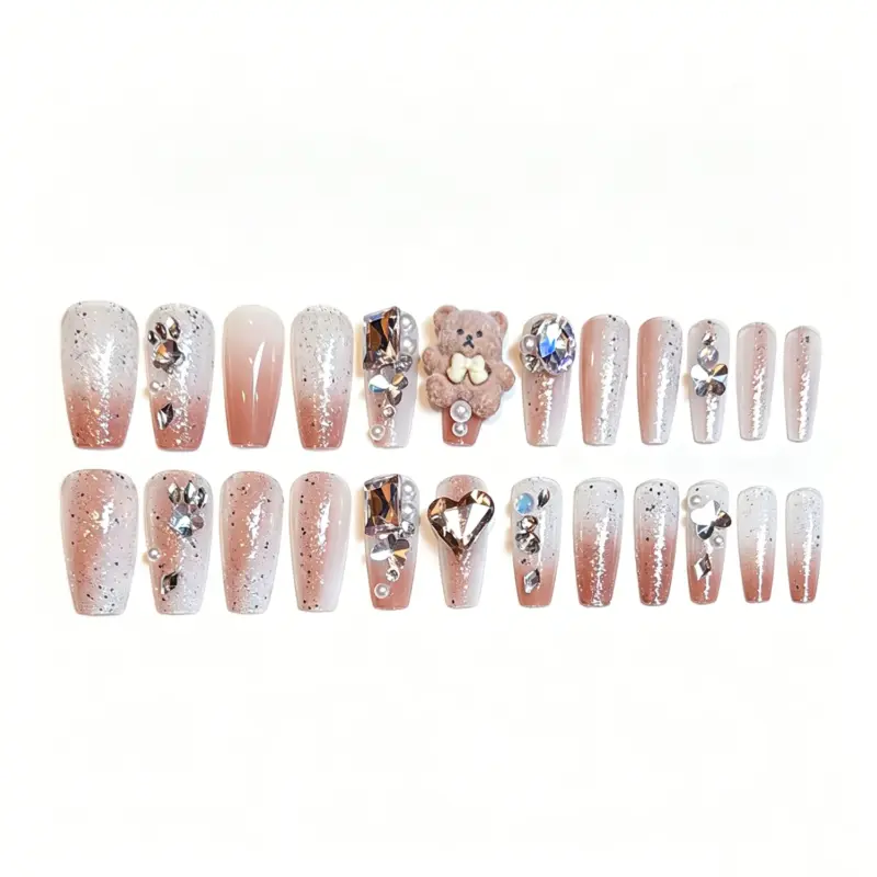 Flat Lay of Viral Fluffy Bear Cartoon Press On Nail Set