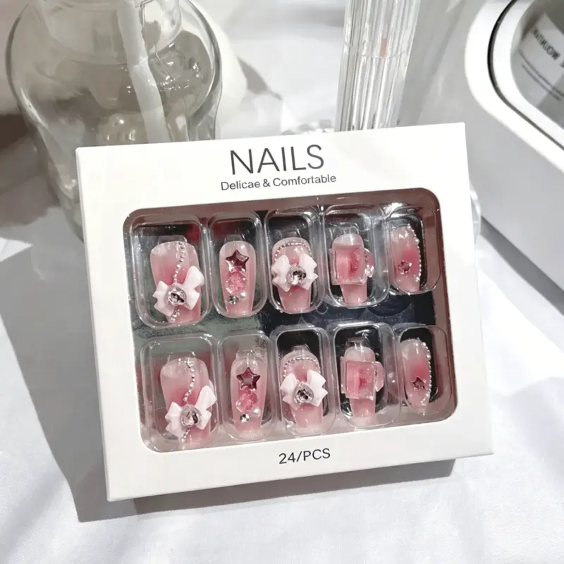 Flat Lay of 24 Piece Cute Bow Press On Nail Set