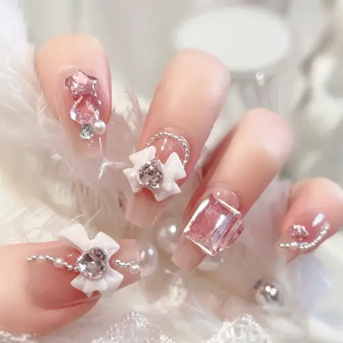 24 Piece Cute Bow Press On Nails On Hand – Adorable Girl Style