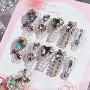 Handmade Bling Rhinestone Press On Nails – Full Size On Hand
