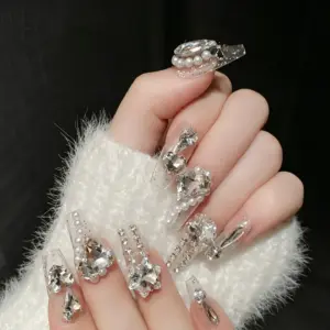 Flat Lay of Handmade Bling Rhinestone Press On Nails Full Set