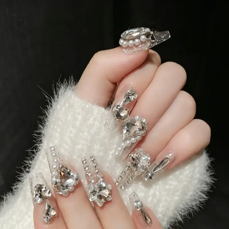 Flat Lay of Handmade Bling Rhinestone Press On Nails Full Set