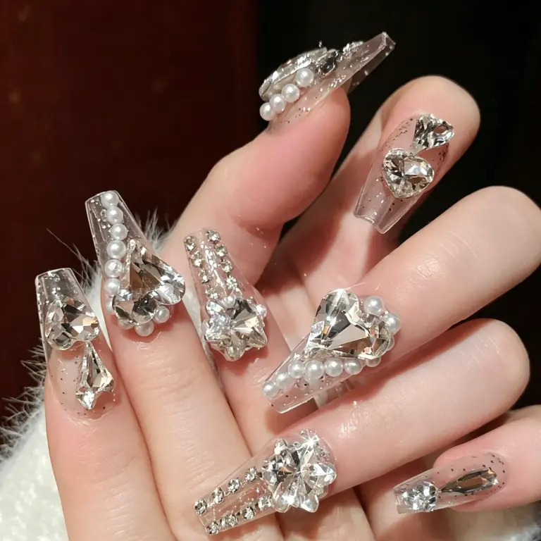 Various sizes of handmade rhinestone nails lined up, full range